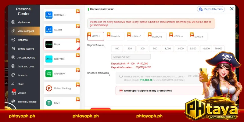 Detailed instructions for PHTAYA deposit